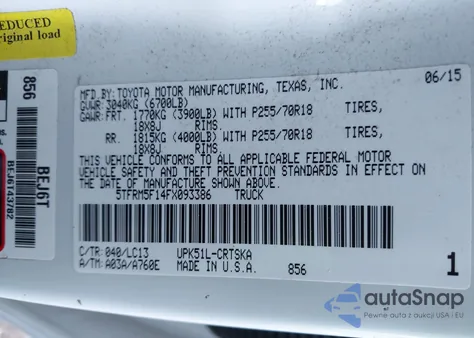 2015 Toyota Tundra Sr 4.6L V8 from USA, damaged, VIN 5TFRM5F14FX093386